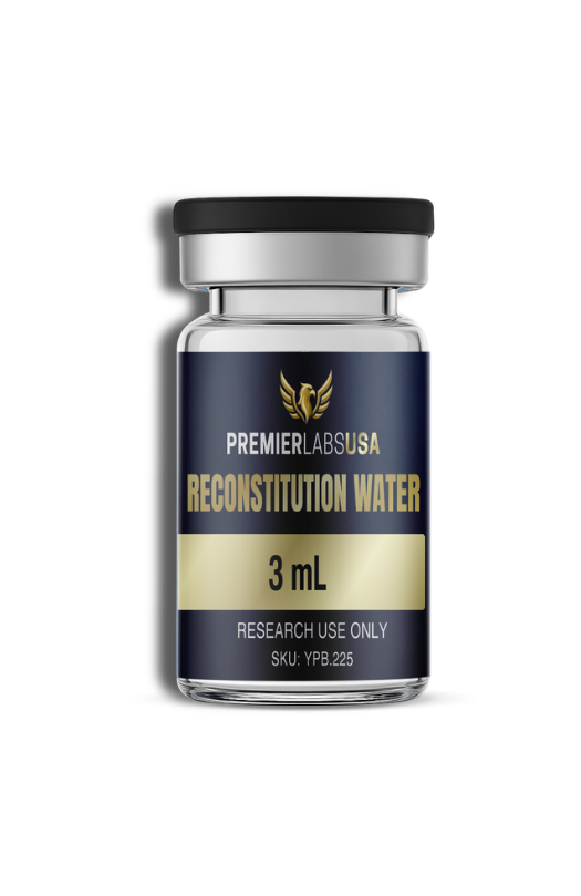 Premier Labs USA Reconstitution Water 3 mL vial for laboratory research and peptide preparation.