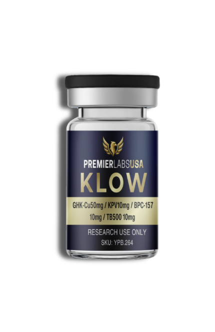 Premier Labs USA KLOW Advanced Longevity Research Blend vial containing GHK-Cu, BPC-157, KPV, and TB-500 for laboratory research.