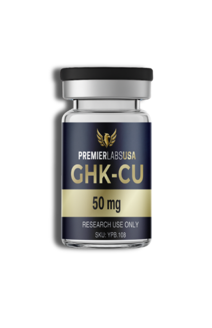 Premier Labs USA GHK-Cu 50 mg copper peptide research vial, manufactured in the USA and third-party tested for purity, quality, and consistency.