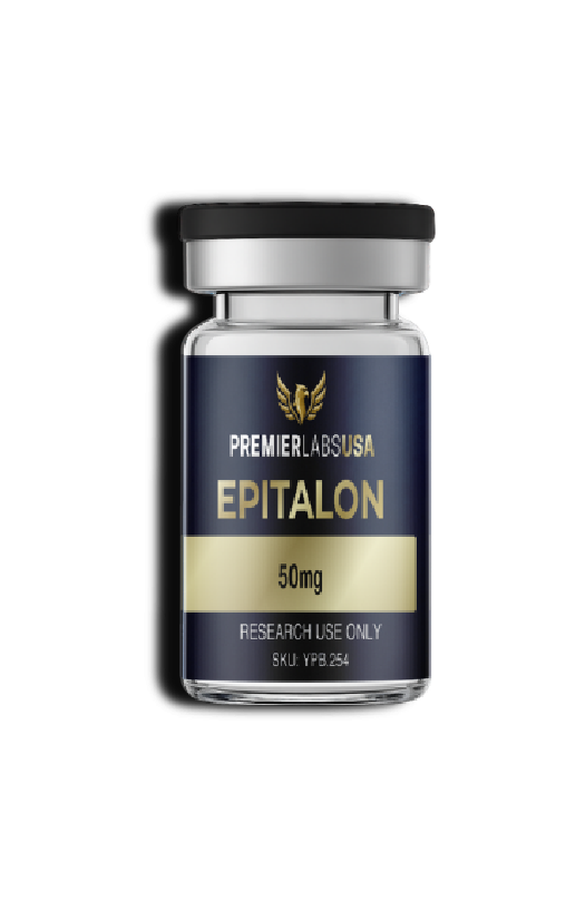 Premier Labs USA Epitalon 50 mg research peptide vial, manufactured in the USA and third-party tested for purity, quality, and consistency.