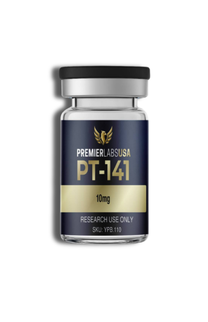 Premier Labs USA PT-141 research peptide vial, manufactured in the USA and third-party tested for purity, quality, and consistency.