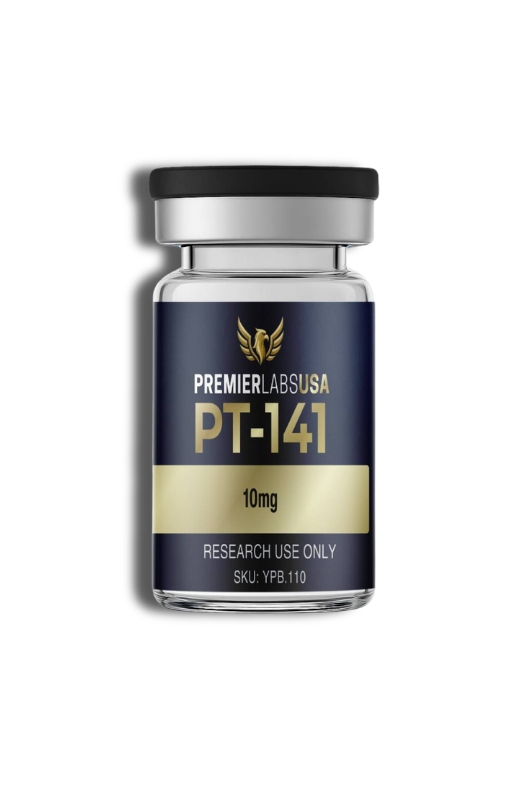 Premier Labs USA PT-141 research peptide vial, manufactured in the USA and third-party tested for purity, quality, and consistency.